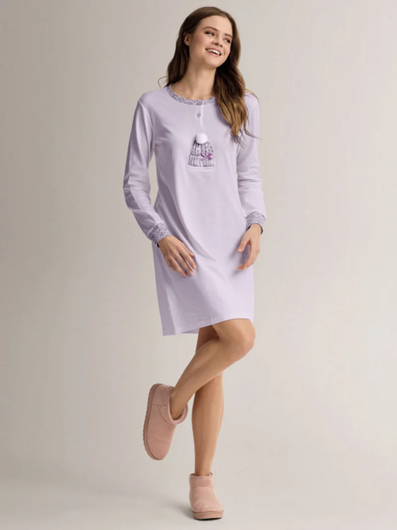 BEANIE Camicia da notte a maniche lunghe da donna in cotone interlock - lilla