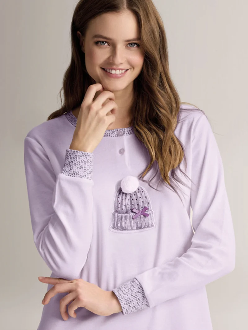 BEANIE Camicia da notte a maniche lunghe da donna in cotone interlock - lilla