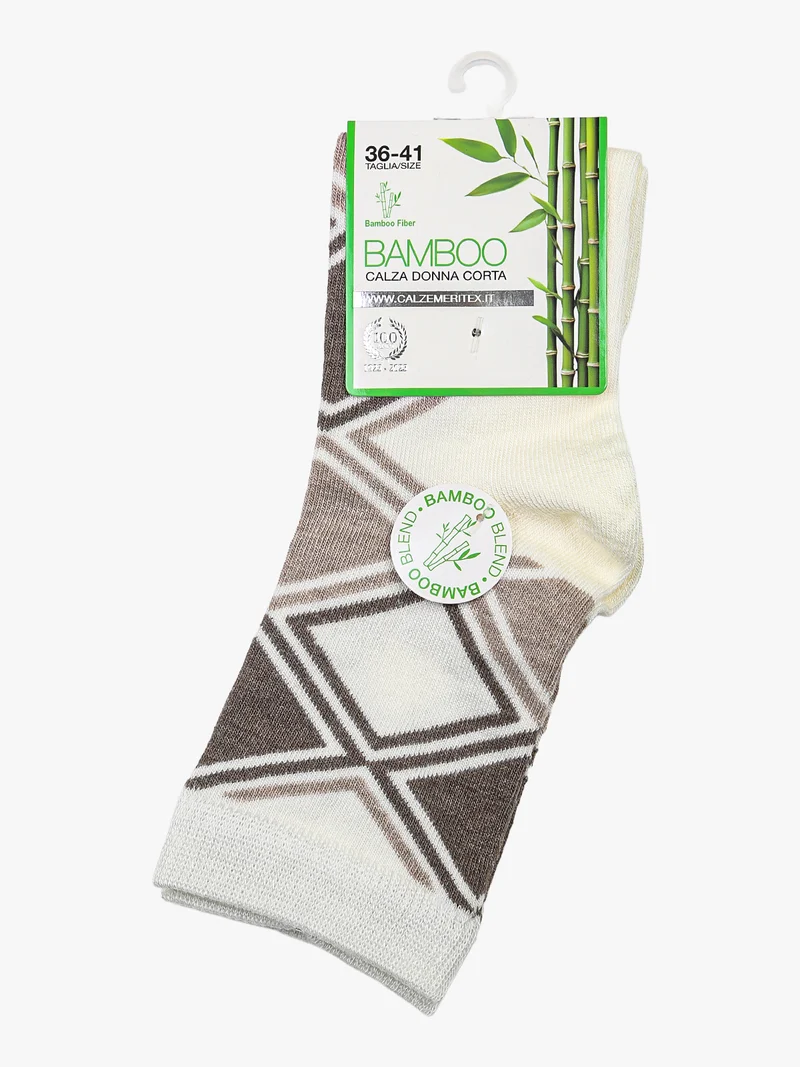 Calze corte donna in fibra di bamboo con stampa geometrica - panna