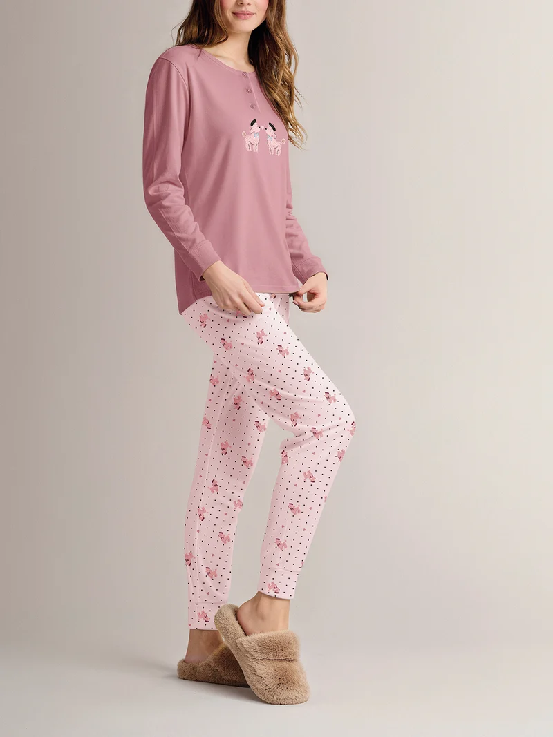 COLETTE Pigiama donna in cotone interlock con stampe disegni - rosa