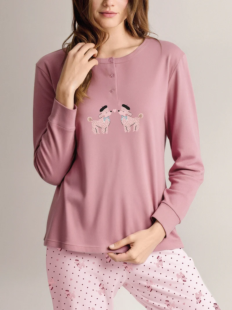 COLETTE Pigiama donna in cotone interlock con stampe disegni - rosa