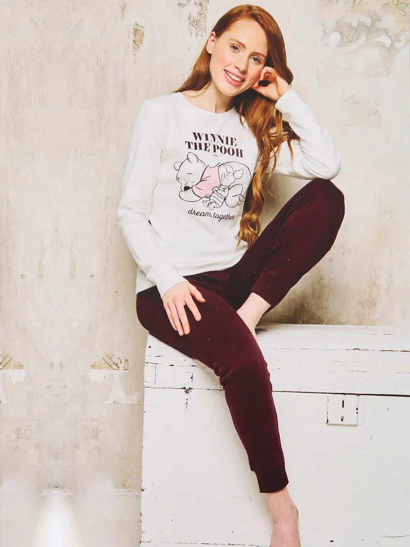 Pigiama lungo da donna in cotone interlock - panna