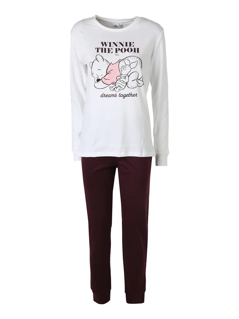 Pigiama lungo da donna in cotone interlock - panna