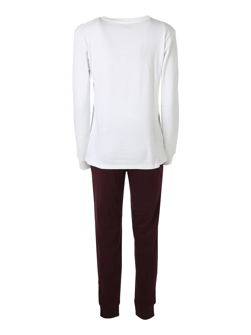 Pigiama lungo da donna in cotone interlock - panna