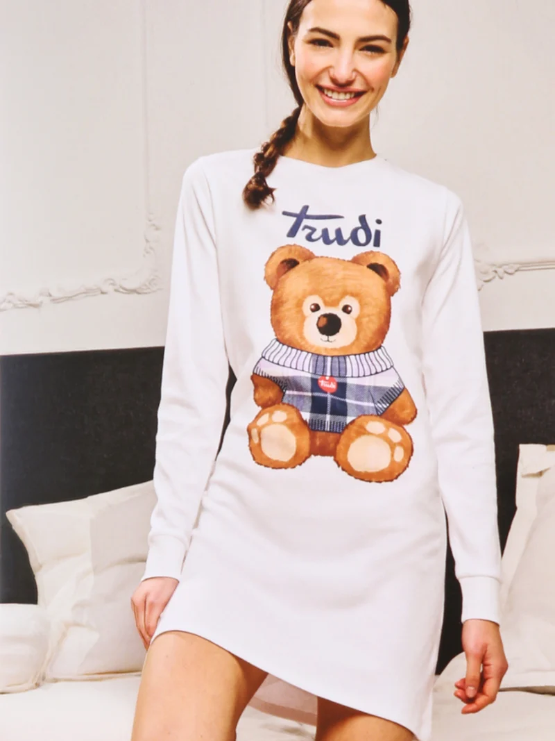 Camicia da notte a maniche lunghe da donna in cotone interlock - panna