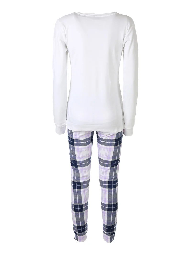 Pigiama lungo da donna in cotone interlock con stampe - panna