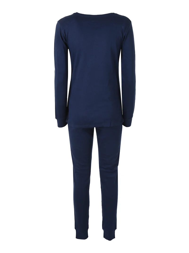 Pigiama lungo da donna in cotone interlock con stampe - blu scuro