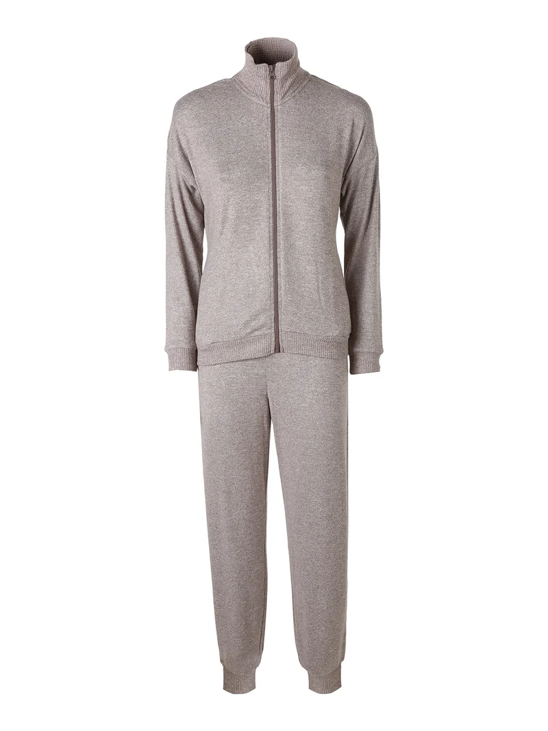 LOUNGE Completo tuta donna full zip in maglia a collo alto - taupe