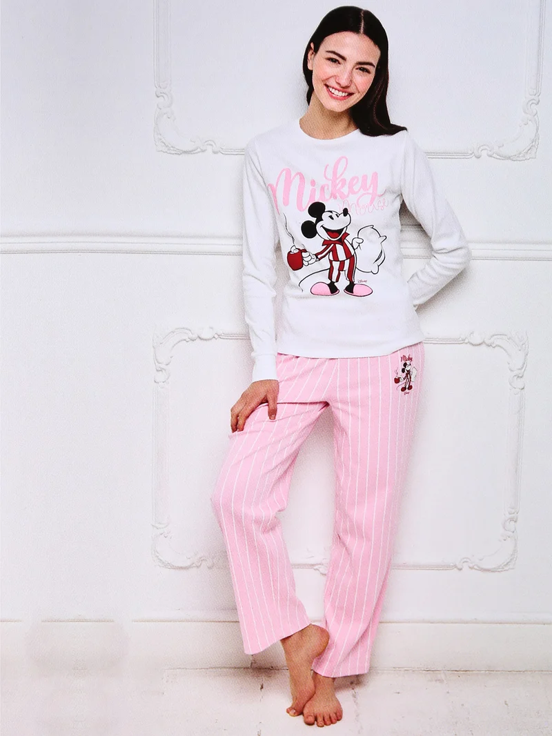 Pigiama lungo da donna in cotone interlock con pantaloni a righe - rosa