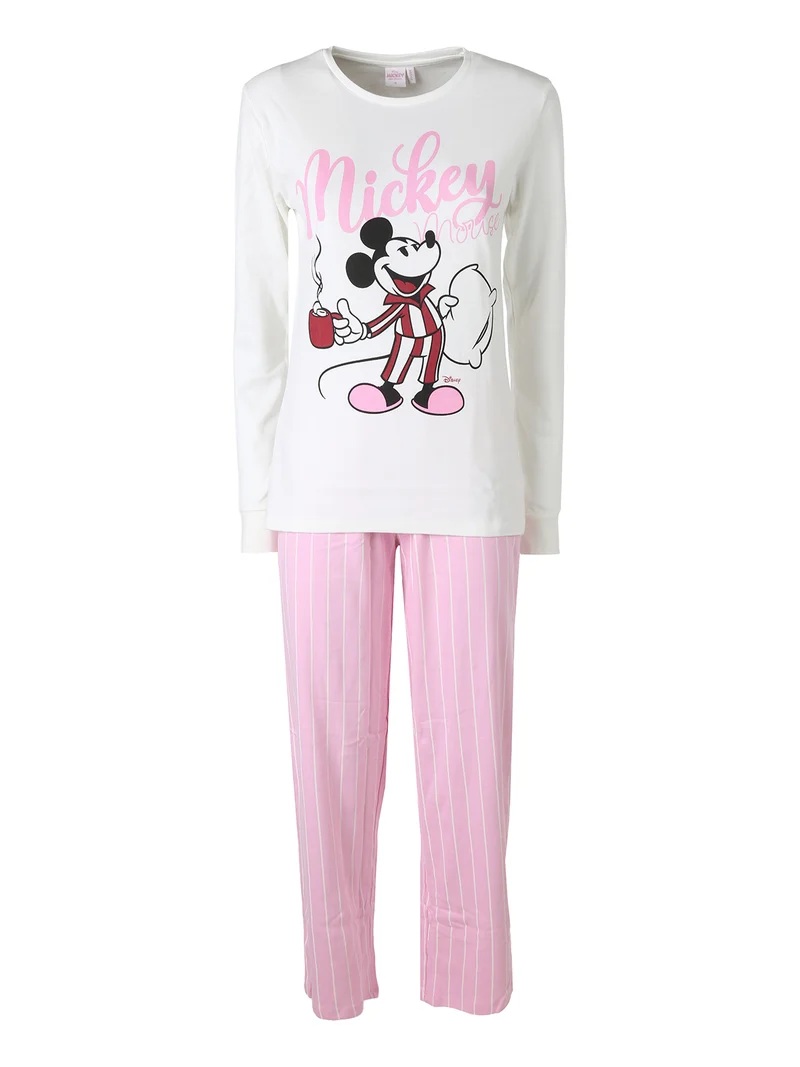 Pigiama lungo da donna in cotone interlock con pantaloni a righe - rosa
