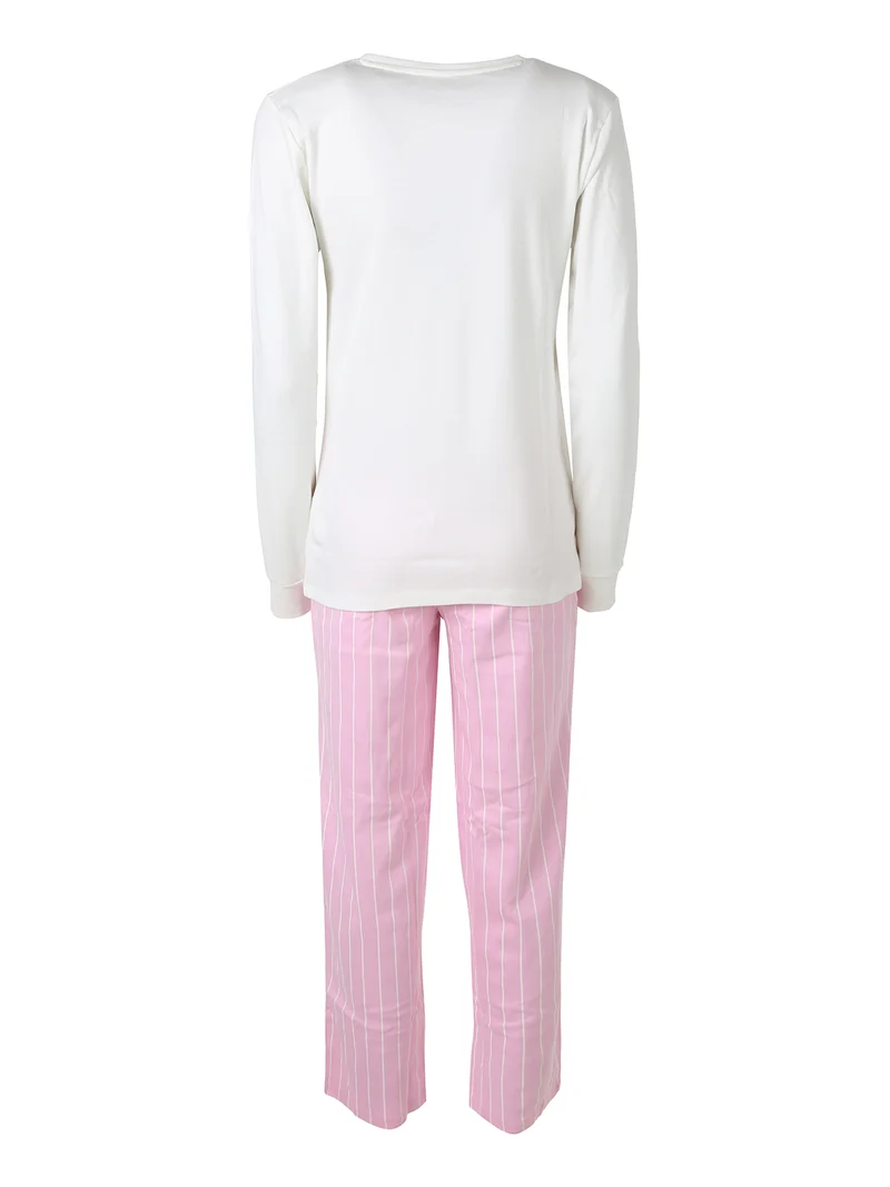 Pigiama lungo da donna in cotone interlock con pantaloni a righe - rosa