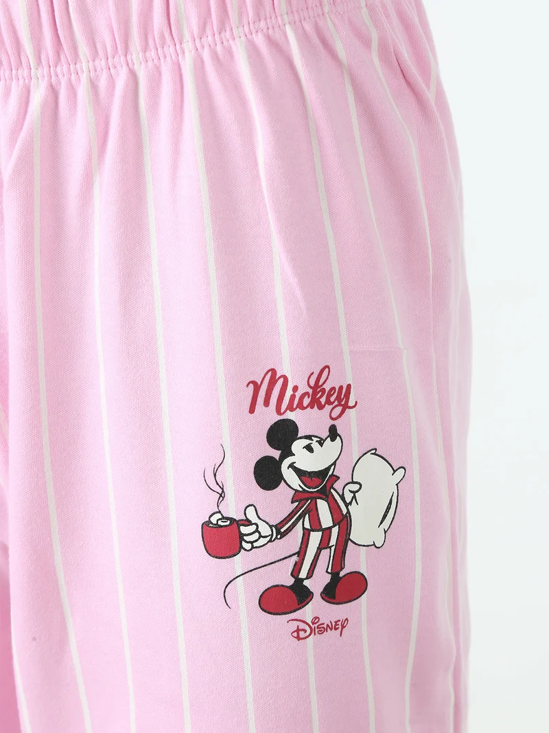 Pigiama lungo da donna in cotone interlock con pantaloni a righe - rosa