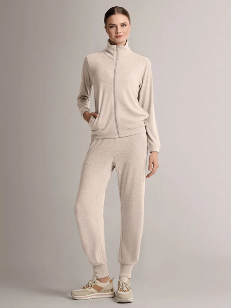 LOUNGE Completo tuta donna full zip in maglia a collo alto - panna
