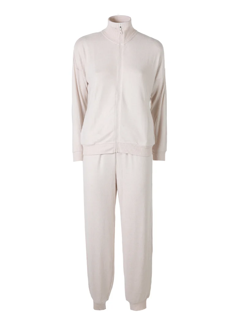 LOUNGE Completo tuta donna full zip in maglia a collo alto - panna