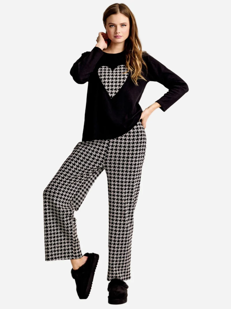 MAXI Pigiama donna in cotone interlock con pantaloni a palazzo - nero