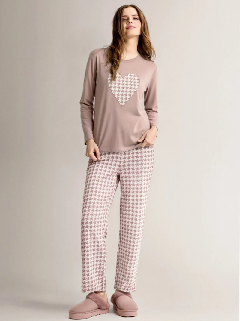 MAXI Pigiama donna in cotone interlock con pantaloni a palazzo - taupe