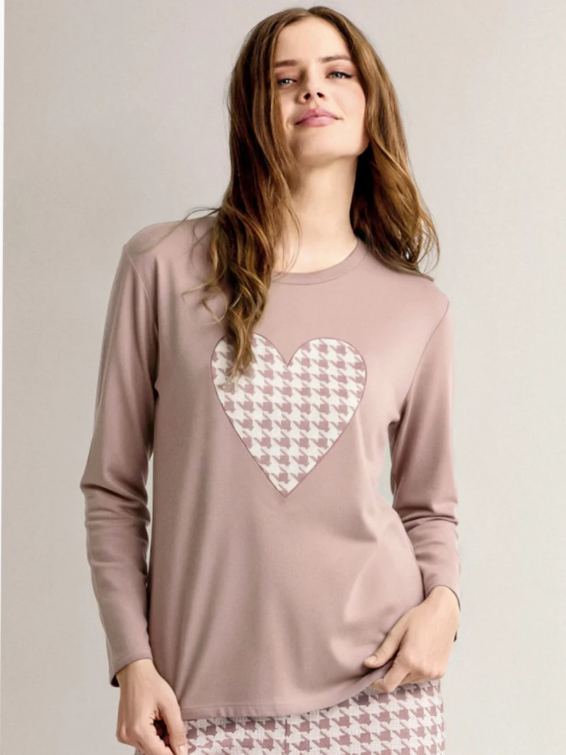 MAXI Pigiama donna in cotone interlock con pantaloni a palazzo - taupe