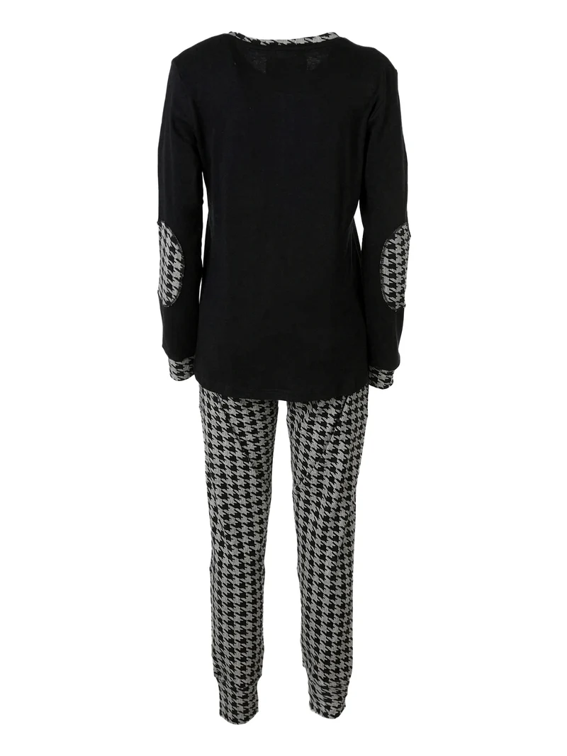 MAXI Pigiama donna in cotone interlock con pantaloni stampati e polsini - nero