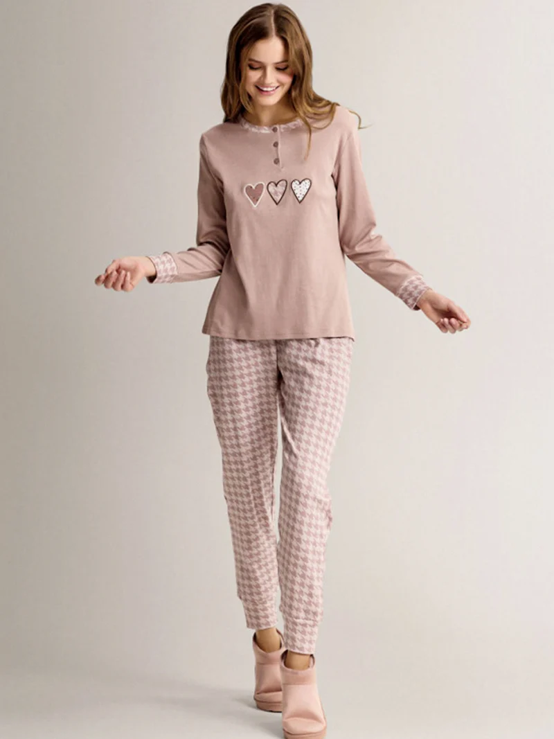 MAXI Pigiama donna in cotone interlock con pantaloni stampati e polsini - taupe