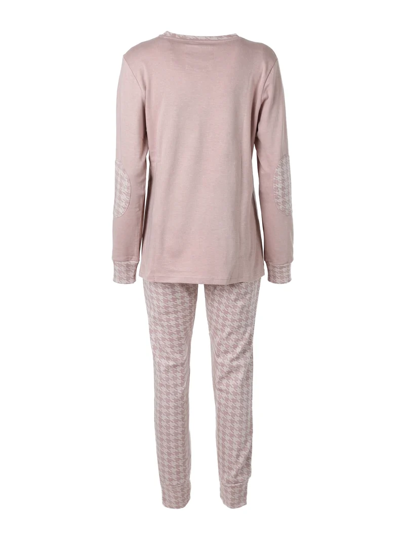 MAXI Pigiama donna in cotone interlock con pantaloni stampati e polsini - taupe
