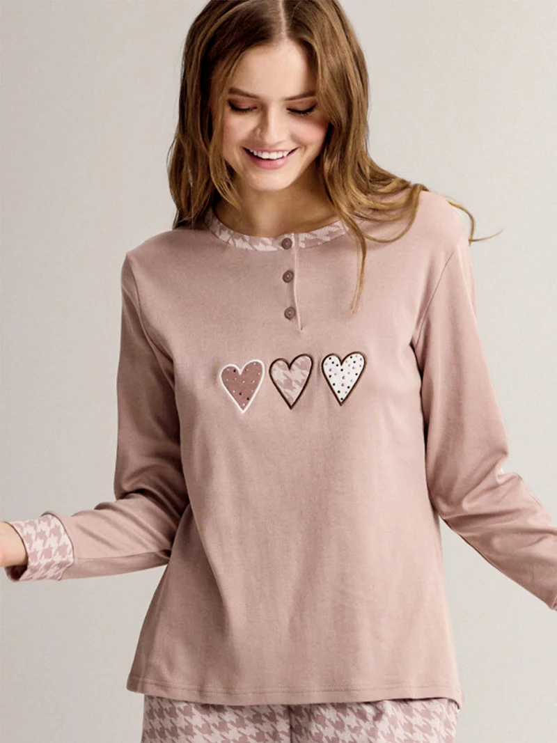 MAXI Pigiama donna in cotone interlock con pantaloni stampati e polsini - taupe