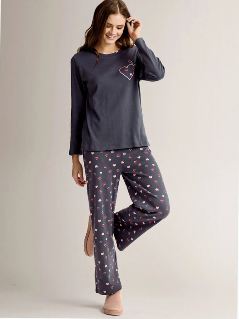 LOVECHECK Pigiama donna in cotone interlock con pantaloni a palazzo - blu scuro