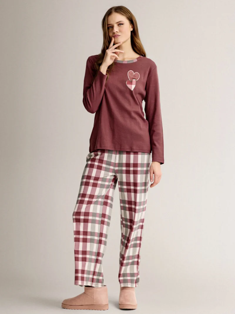 LOVECHECK Pigiama donna in cotone interlock con pantaloni a palazzo - bordeaux