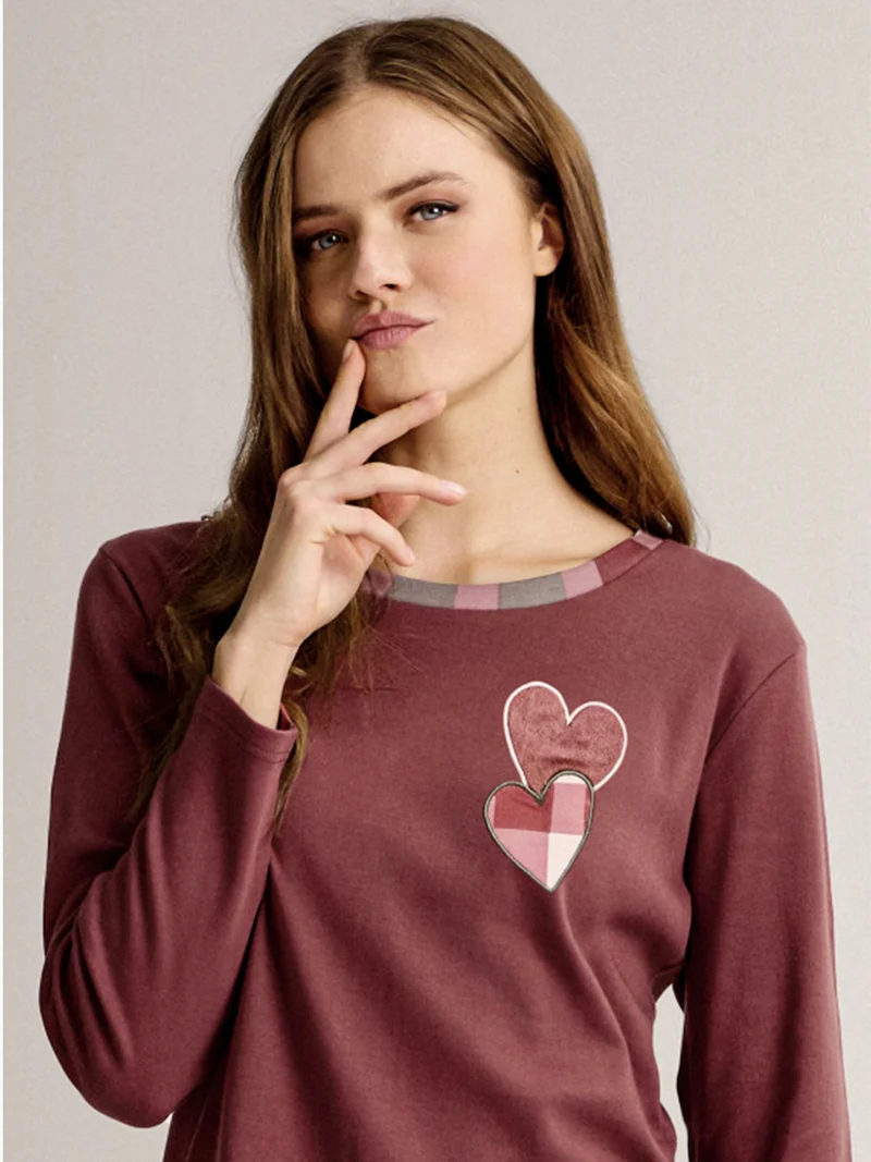 LOVECHECK Pigiama donna in cotone interlock con pantaloni a palazzo - bordeaux