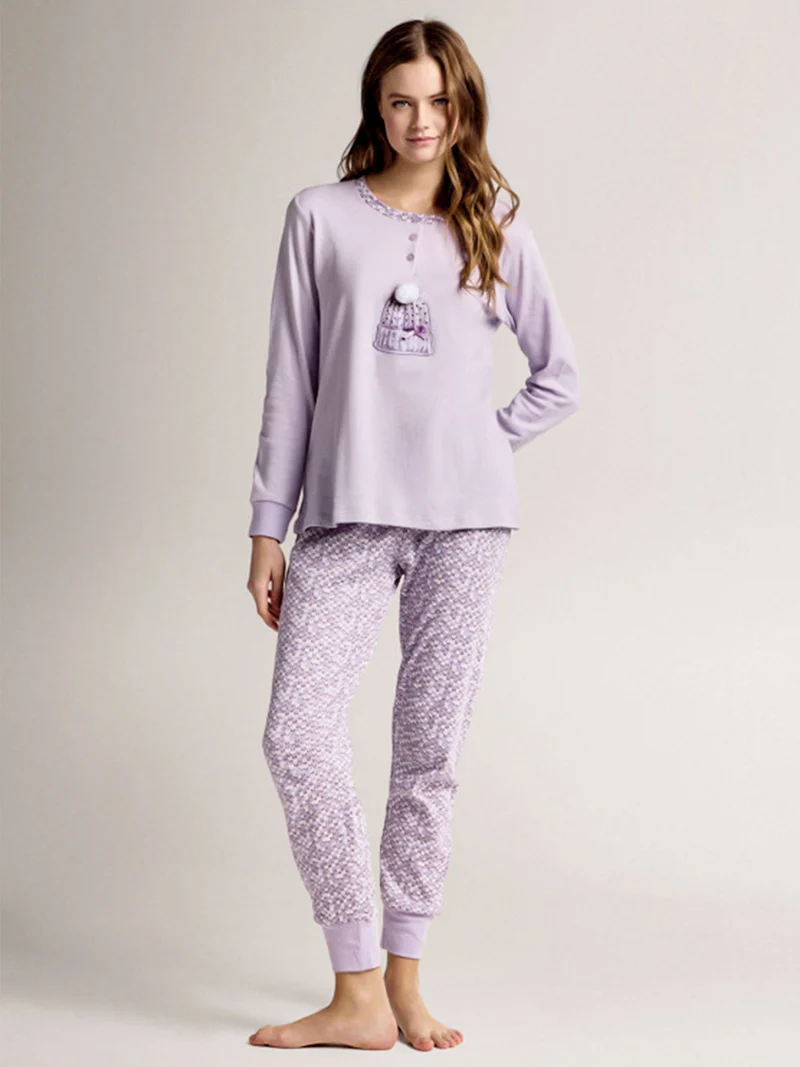 BEANIE Pigiama donna in cotone interlock con pantaloni stampati e polsini - lilla