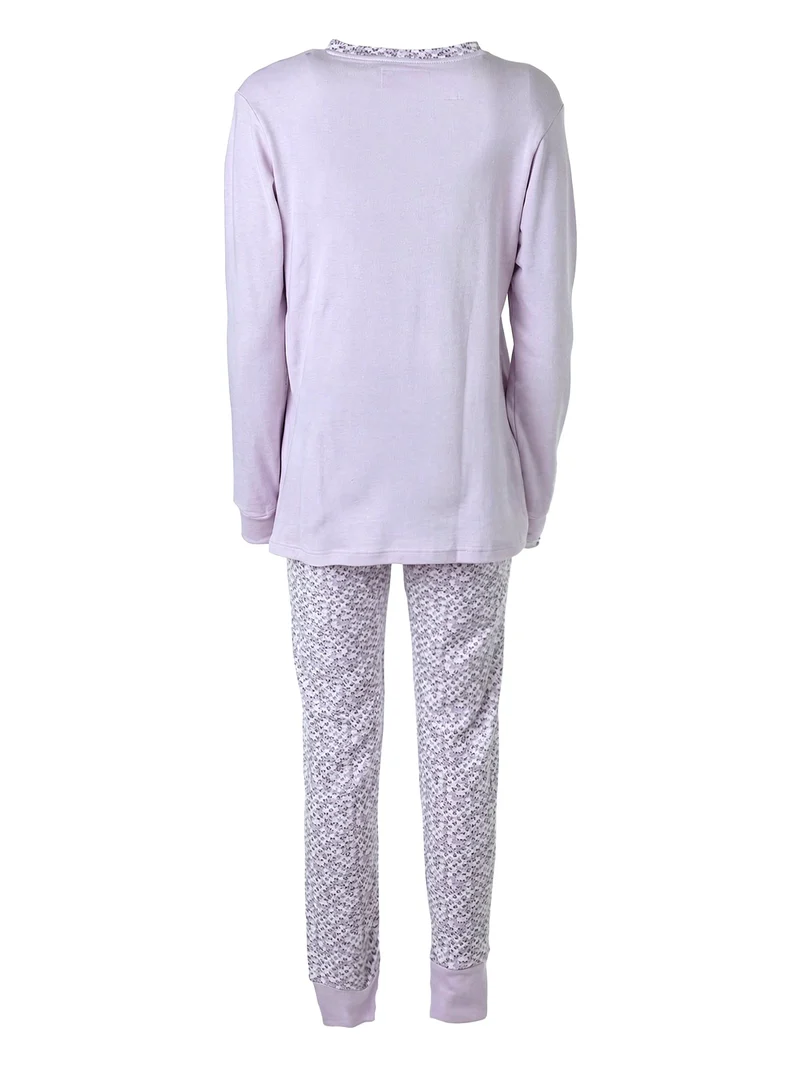 BEANIE Pigiama donna in cotone interlock con pantaloni stampati e polsini - lilla