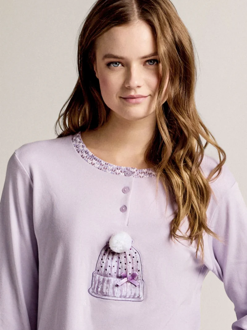 BEANIE Pigiama donna in cotone interlock con pantaloni stampati e polsini - lilla