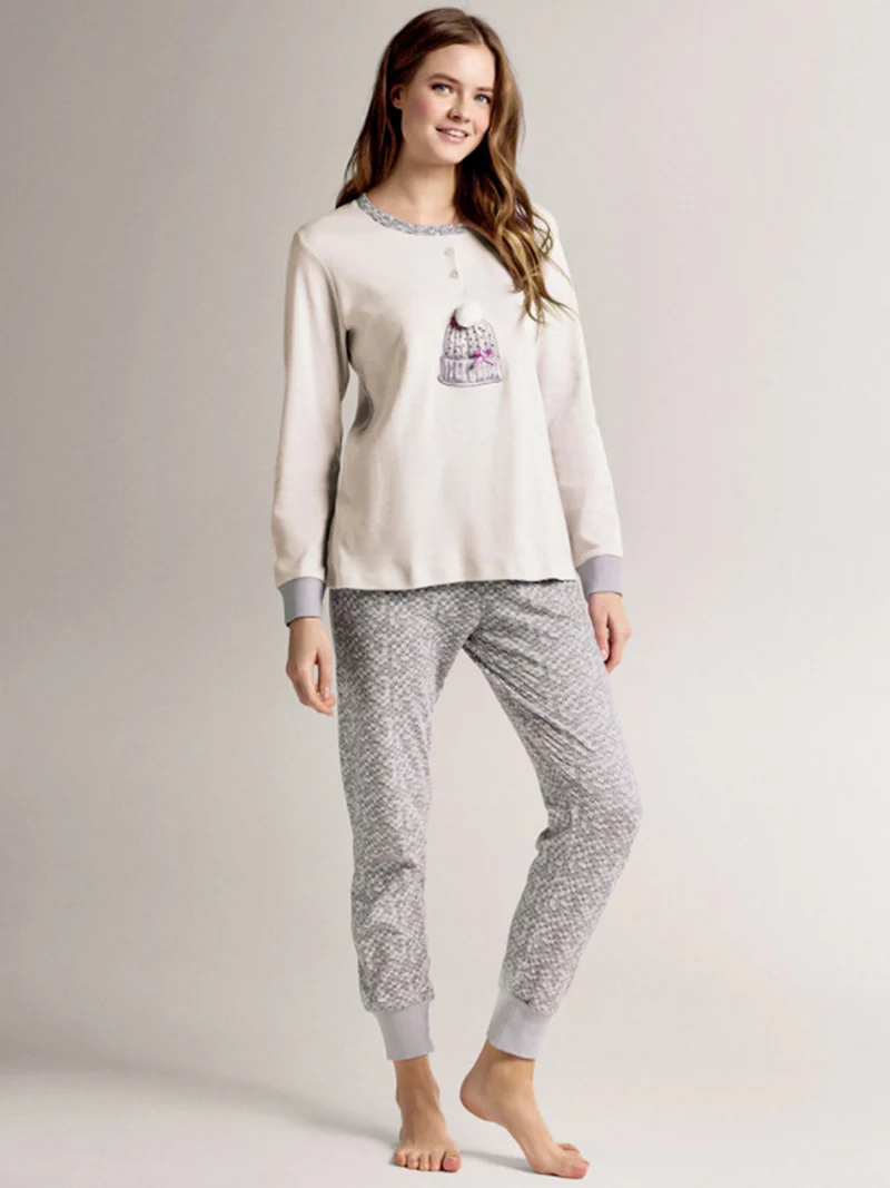 BEANIE Pigiama donna in cotone interlock con pantaloni stampati e polsini - panna
