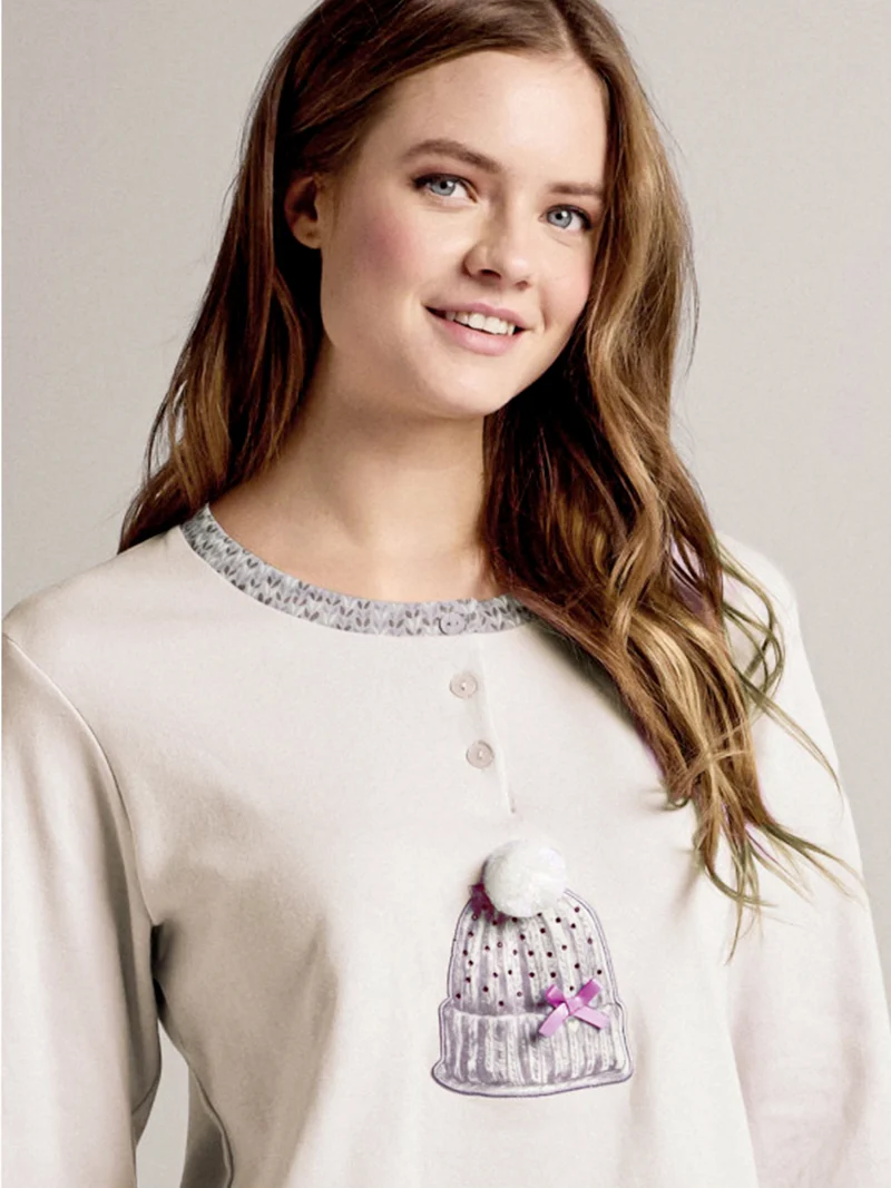 BEANIE Pigiama donna in cotone interlock con pantaloni stampati e polsini - panna