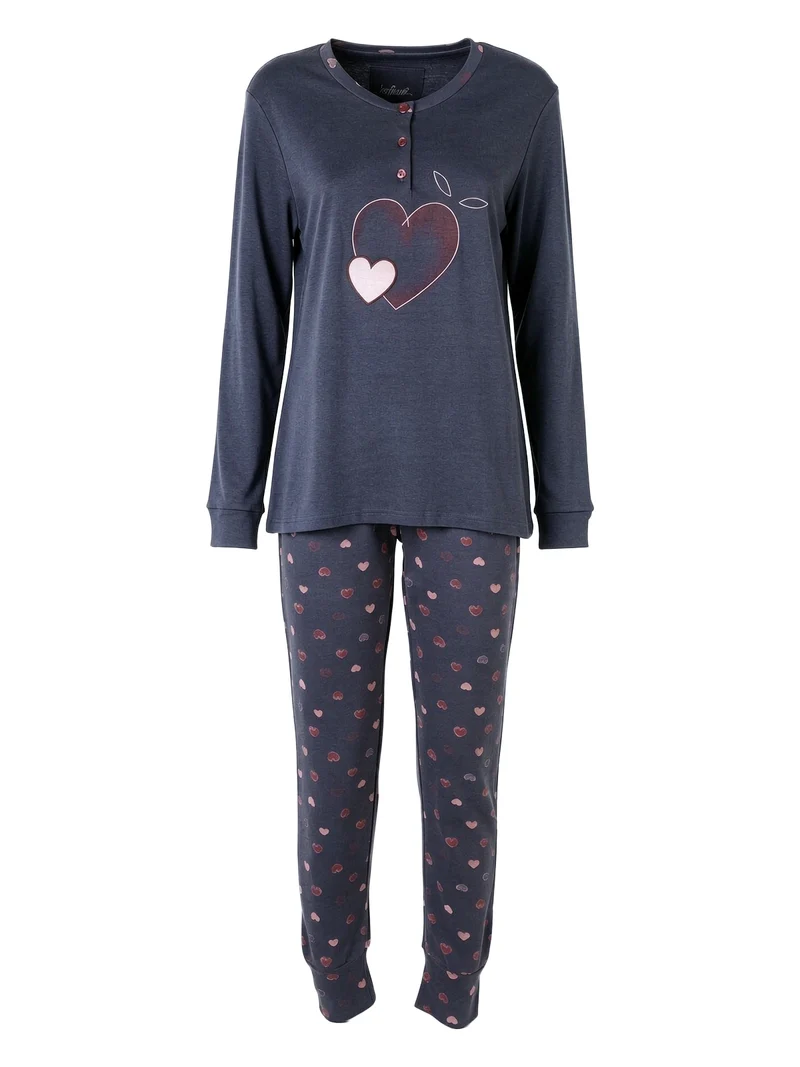 LOVECHECK Pigiama donna in cotone interlock con pantaloni a quadri e polsini - blu scuro
