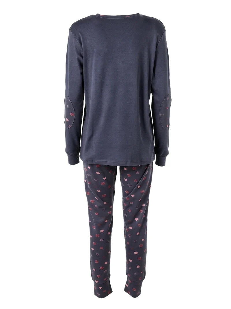 LOVECHECK Pigiama donna in cotone interlock con pantaloni a quadri e polsini - blu scuro