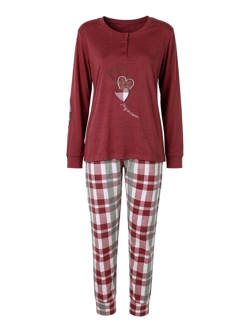 LOVECHECK Pigiama donna in cotone interlock con pantaloni a quadri e polsini - bordeaux