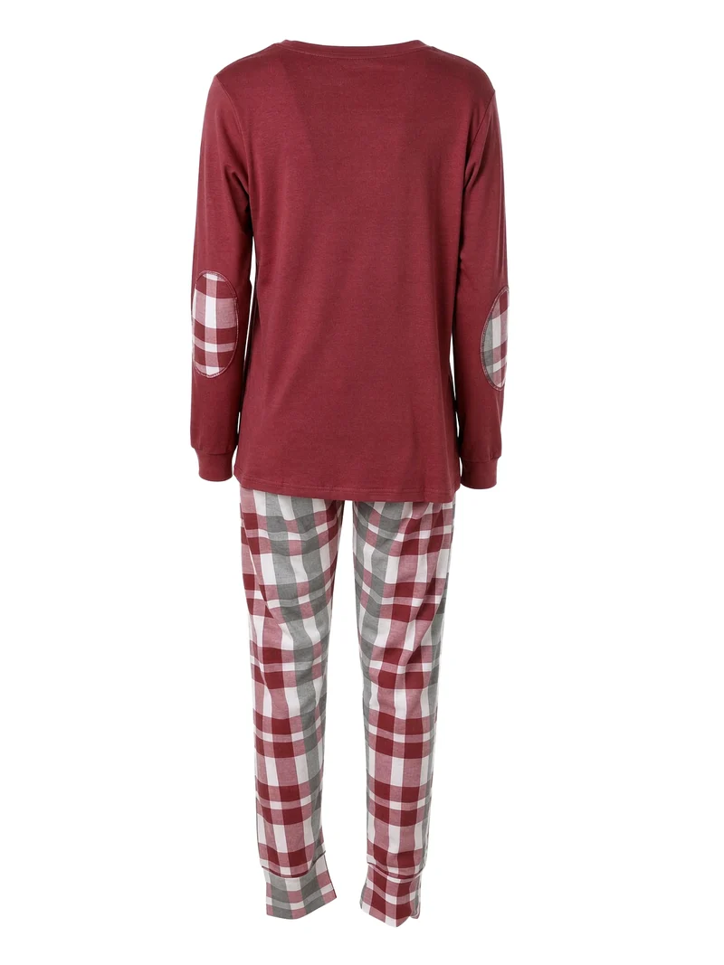 LOVECHECK Pigiama donna in cotone interlock con pantaloni a quadri e polsini - bordeaux
