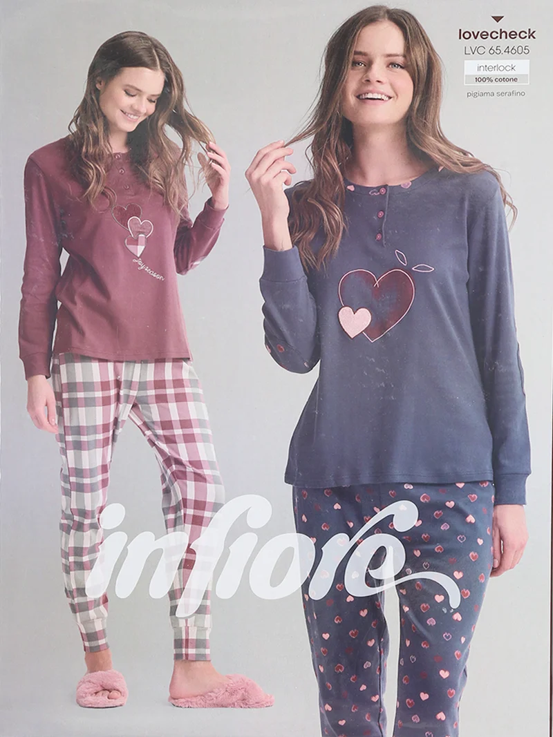 LOVECHECK Pigiama donna in cotone interlock con pantaloni a quadri e polsini - bordeaux