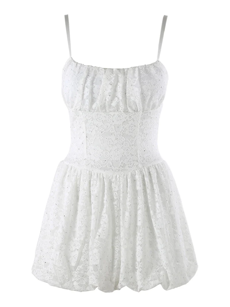 Mini abito jumpsuite da donna con gonna a palloncino e strass - bianco