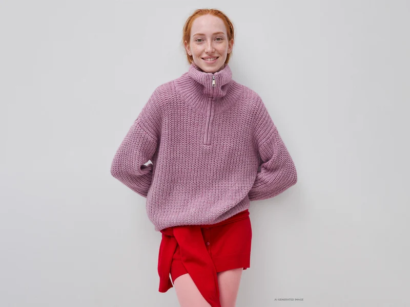Mélange-Pullover mit Stehkragen und halbem Reißverschluss