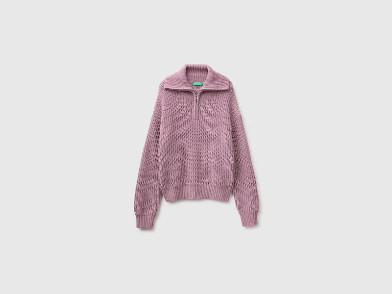 Mélange-Pullover mit Stehkragen und halbem Reißverschluss