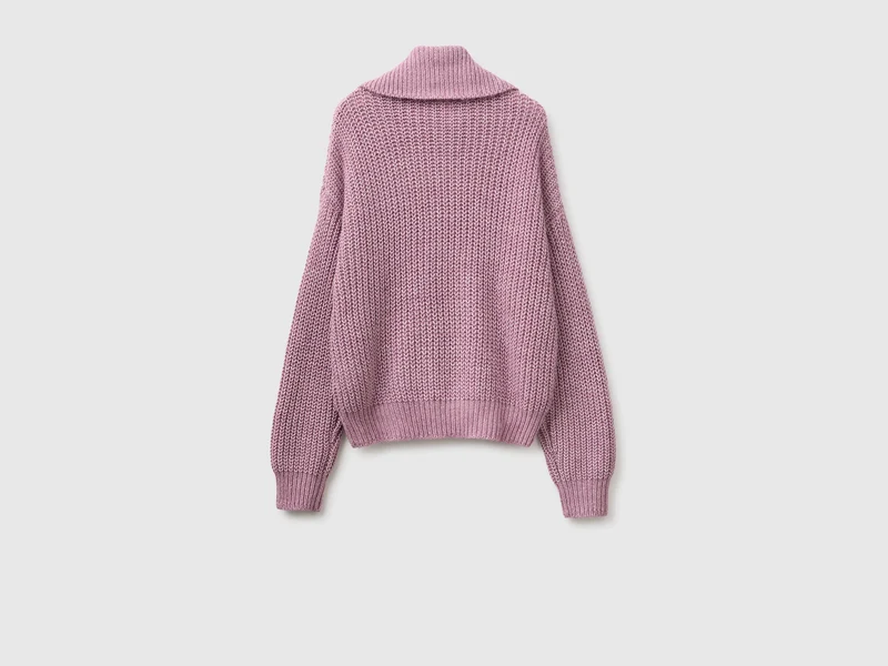 Mélange-Pullover mit Stehkragen und halbem Reißverschluss