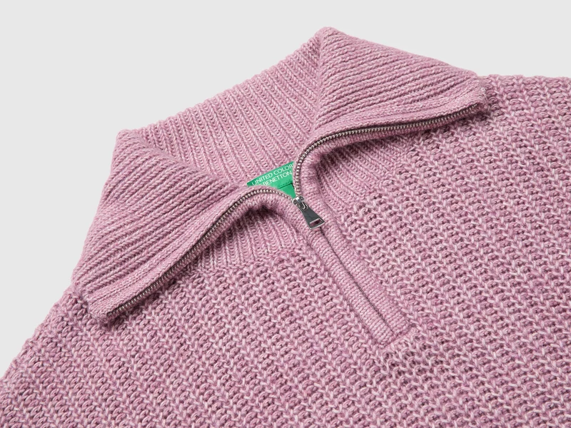 Mélange-Pullover mit Stehkragen und halbem Reißverschluss