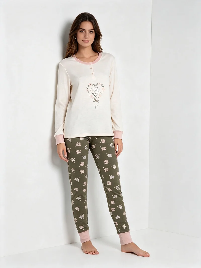WINTERGARDEN Pigiama donna in cotone interlock con pantaloni a stampa fiorata - albicocca