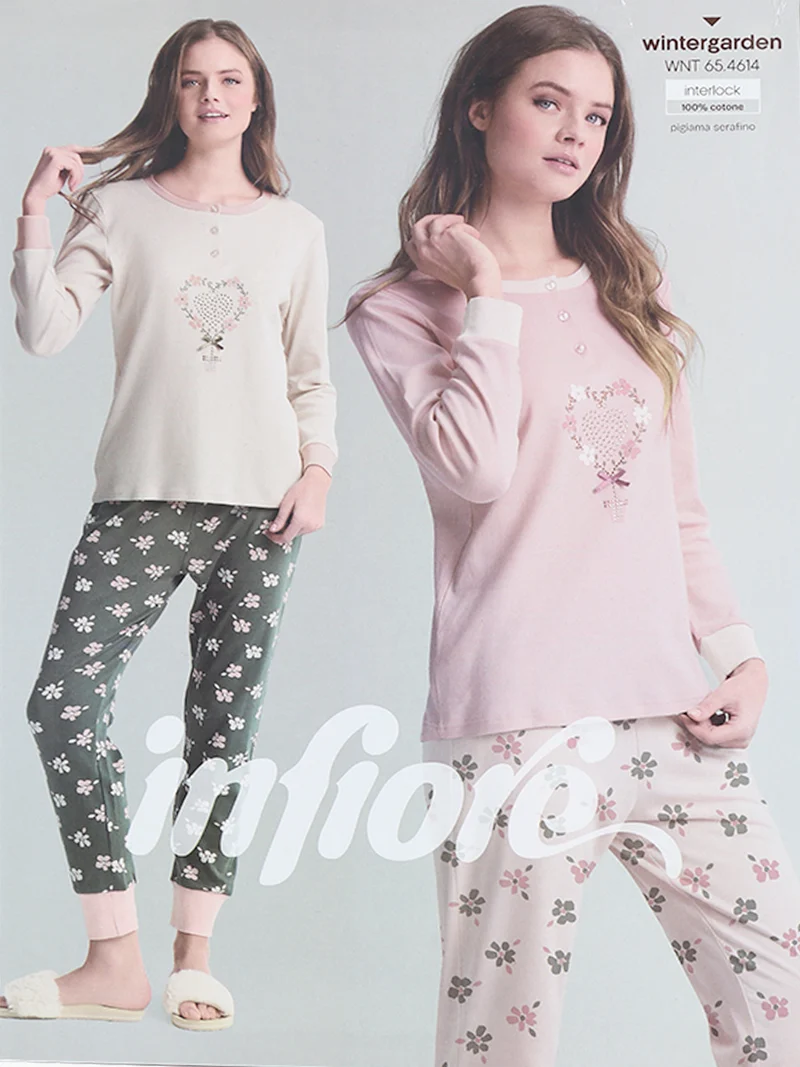 WINTERGARDEN Pigiama donna in cotone interlock con pantaloni a stampa fiorata - albicocca