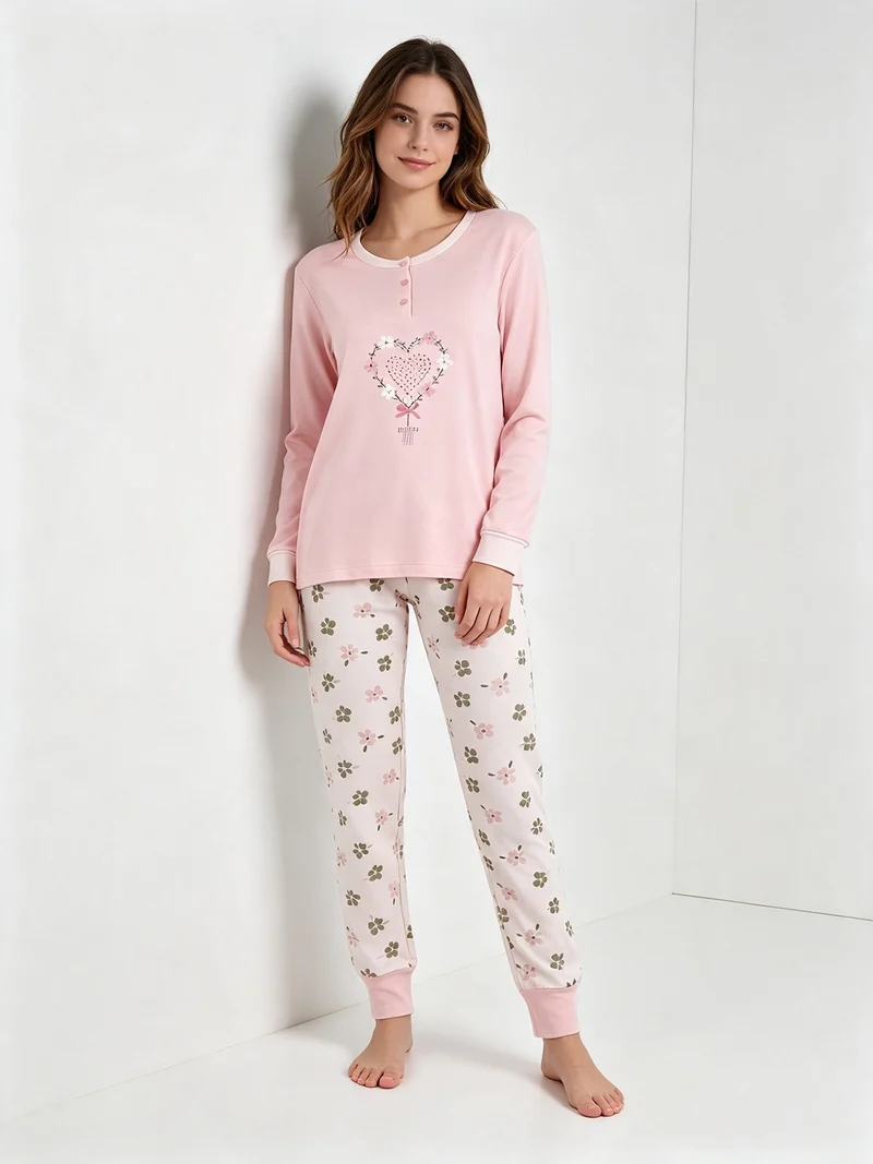 WINTERGARDEN Pigiama donna in cotone interlock con pantaloni a stampa fiorata - cipria
