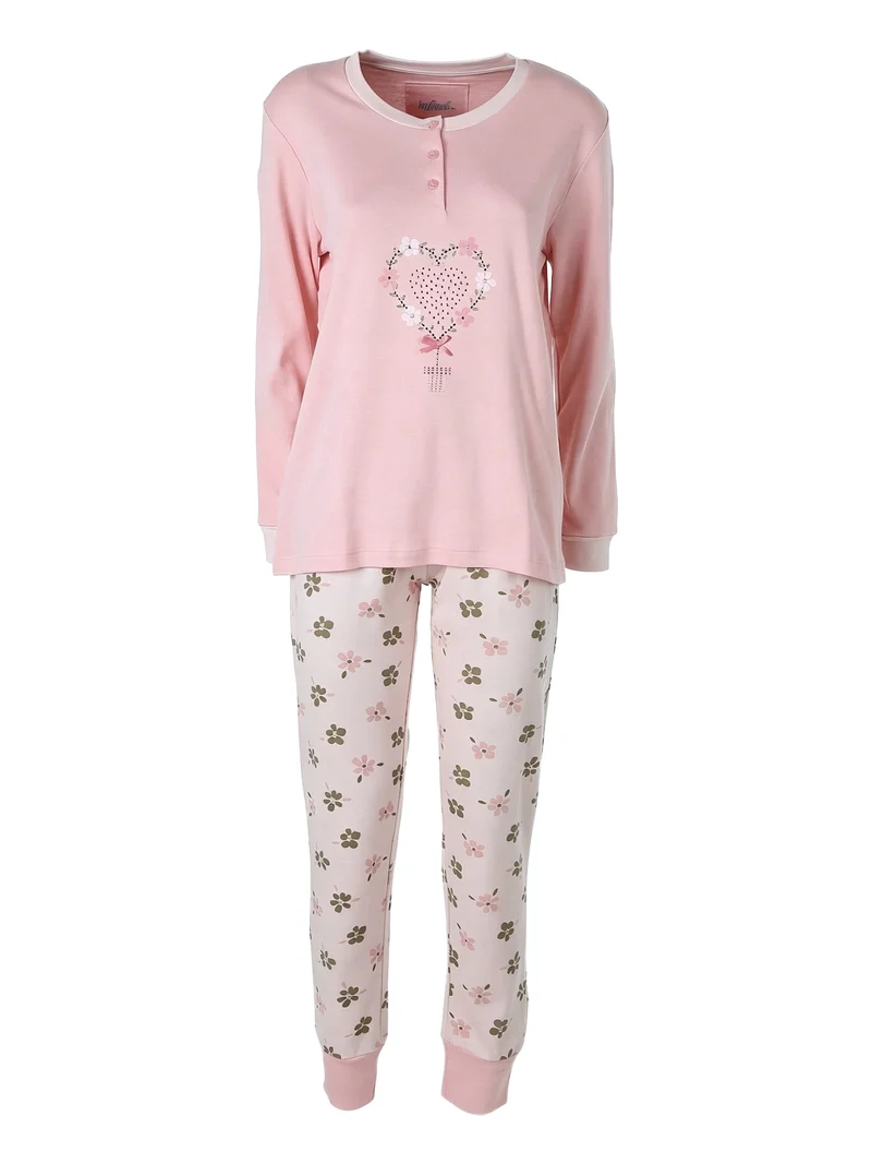WINTERGARDEN Pigiama donna in cotone interlock con pantaloni a stampa fiorata - cipria