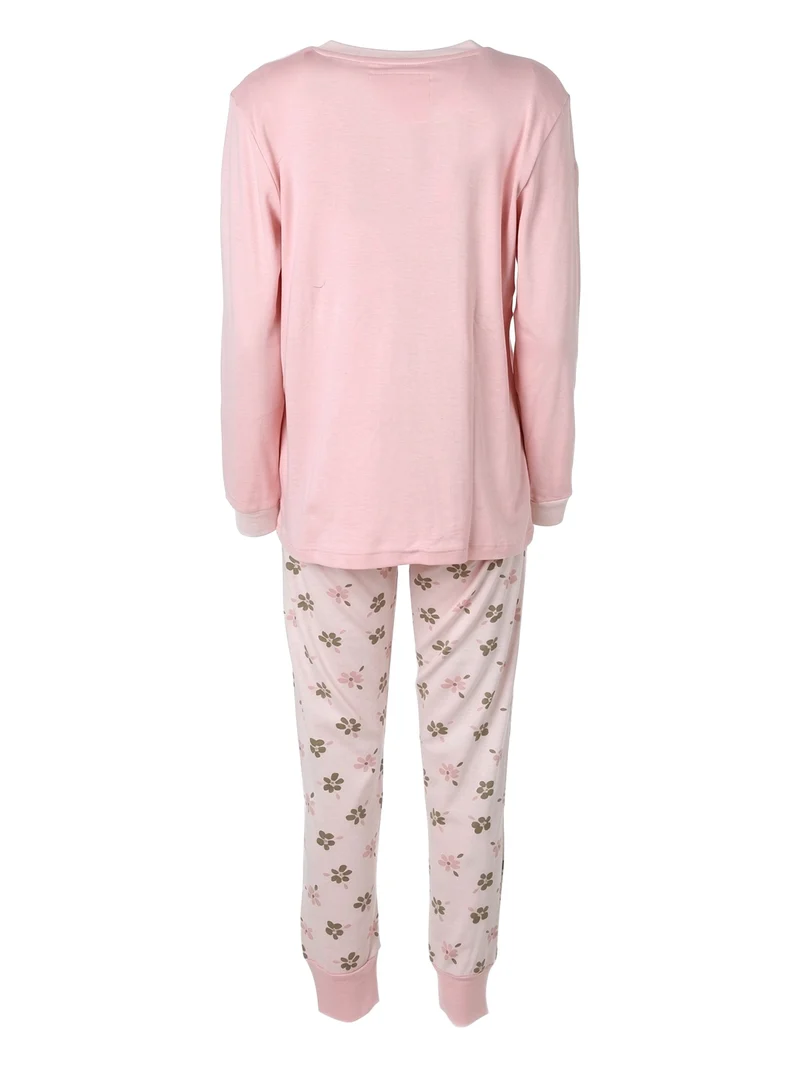 WINTERGARDEN Pigiama donna in cotone interlock con pantaloni a stampa fiorata - cipria