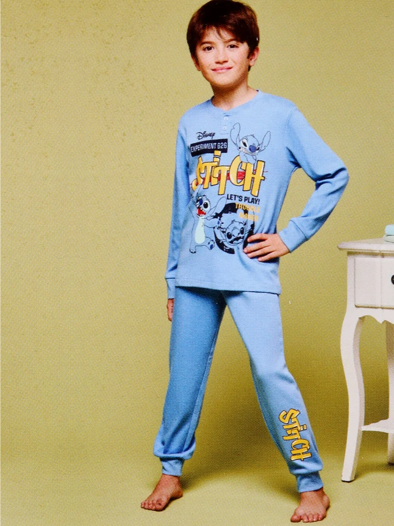 Stitch pigiama lungo da bambino in cotone interlock con stampe - blu