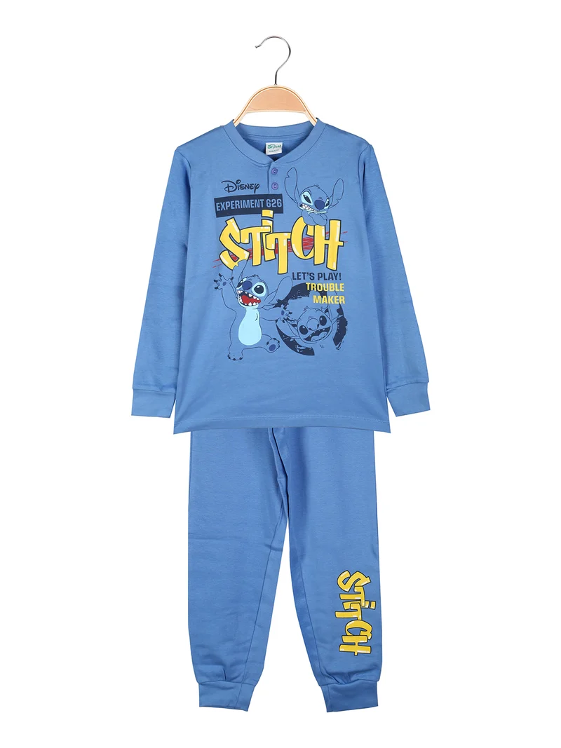 Stitch pigiama lungo da bambino in cotone interlock con stampe - blu